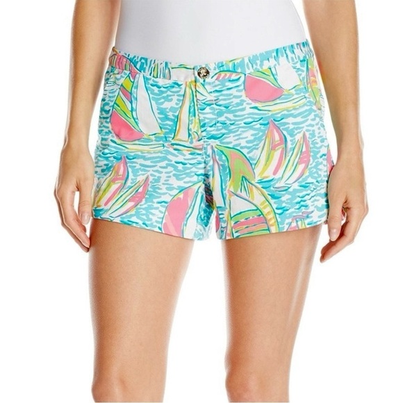 LILLY PULITZER Cotton Sailboat Print Mid Rise Colorful Nautical Adie Shorts 4 - Picture 4 of 7